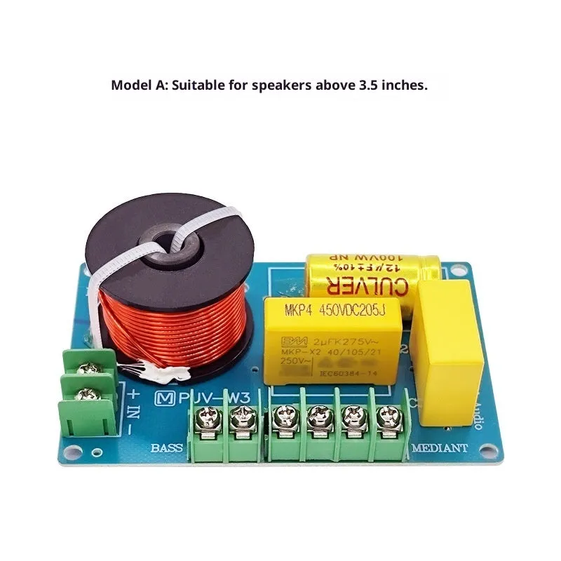 PUV-W3 three-way bookshelf speaker crossover circuit board measuring 100mm by 65mm