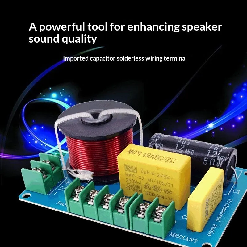 PUV-W3 three-way bookshelf speaker crossover circuit board measuring 100mm by 65mm