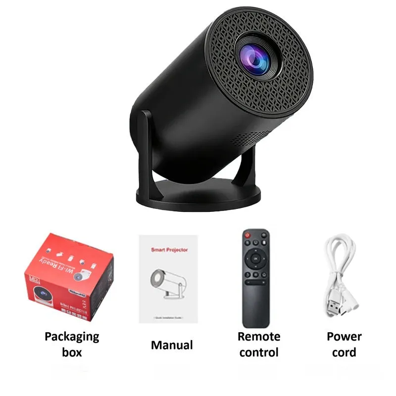 Black portable mini projector with remote control and power cord for home and camping use