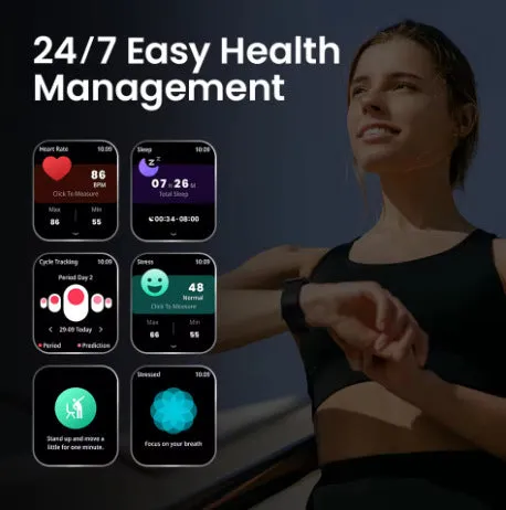Bluetooth smart watch in black with touch button interface on wrist