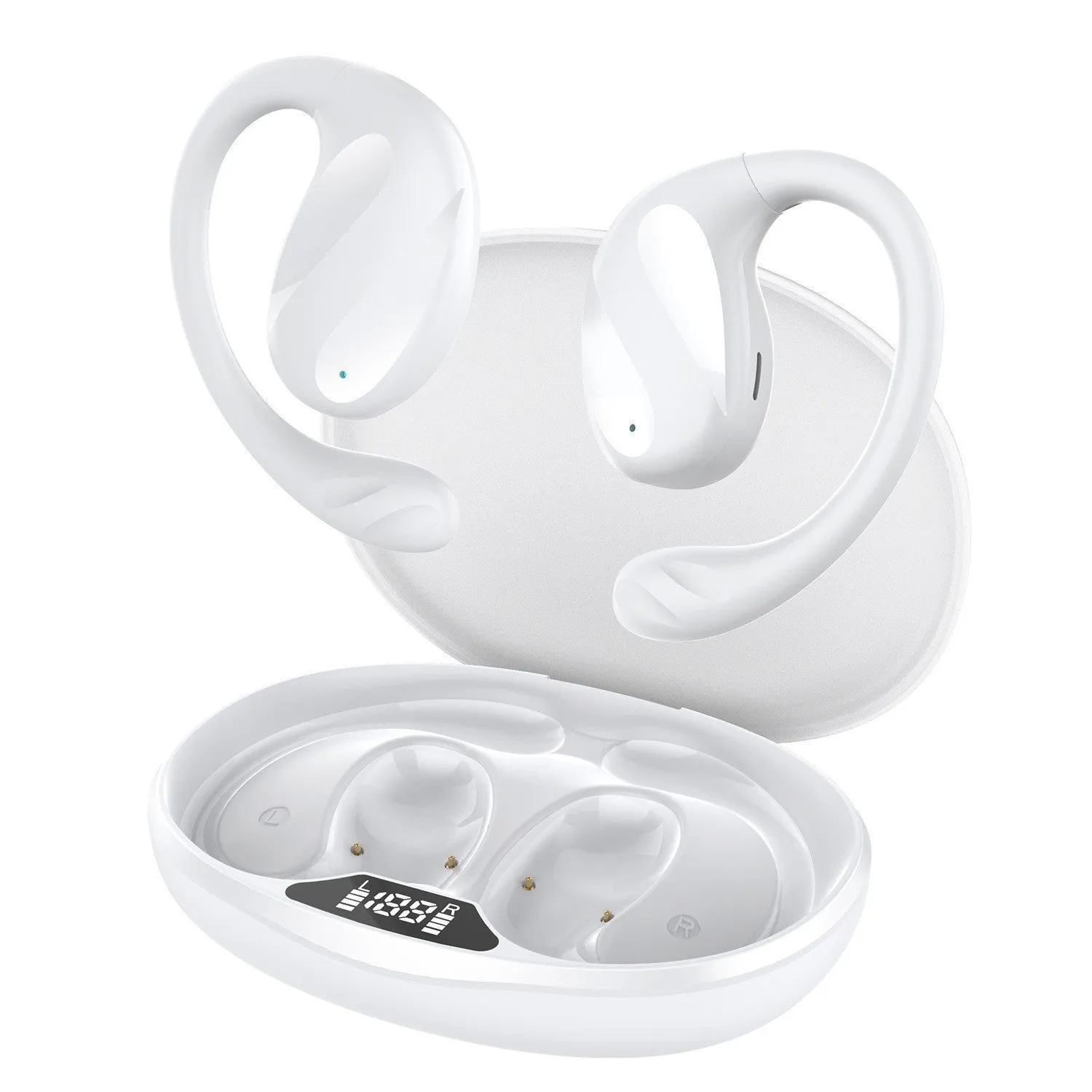 Wireless Bluetooth ear hook headset with digital display, ABS body, white colour, simple design