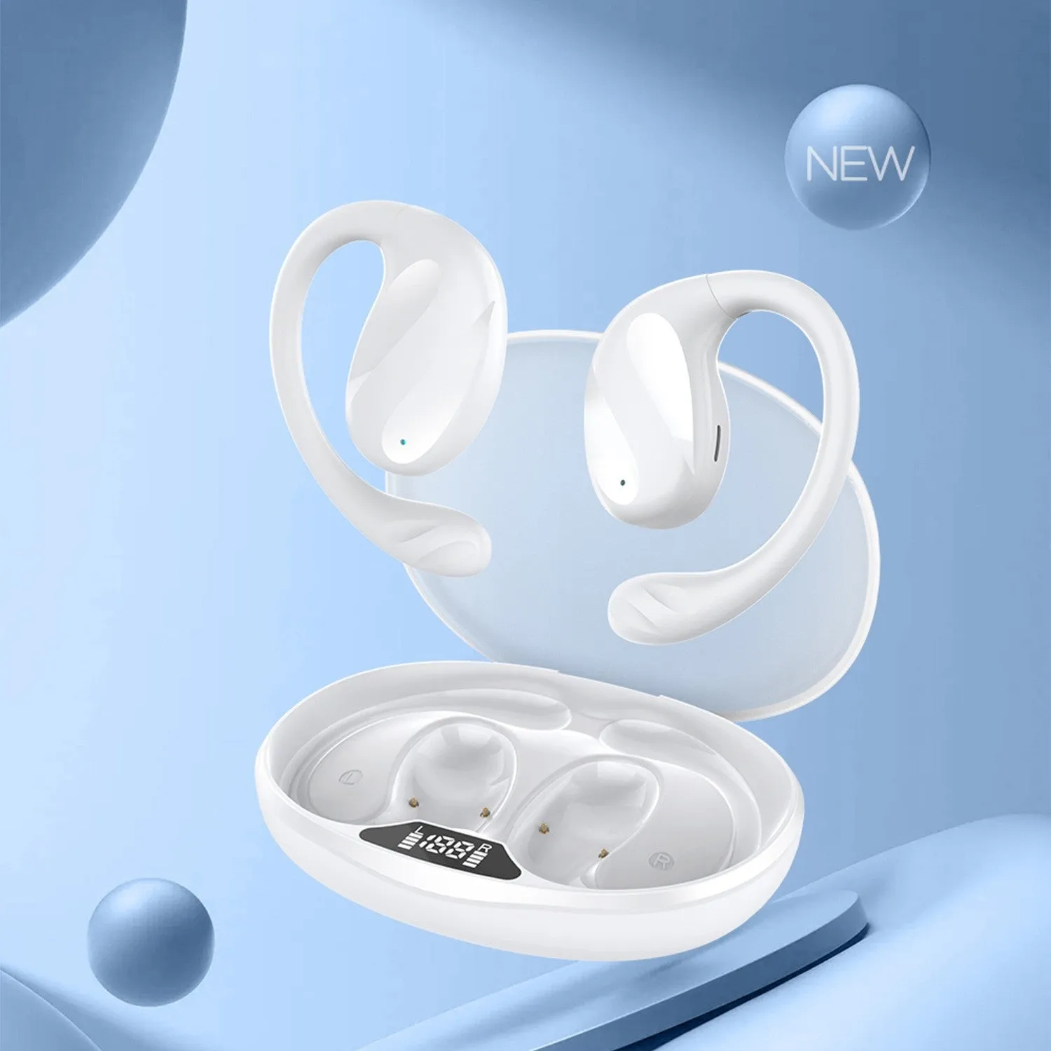 Wireless Bluetooth ear hook headset with digital display, ABS body, white colour, simple design