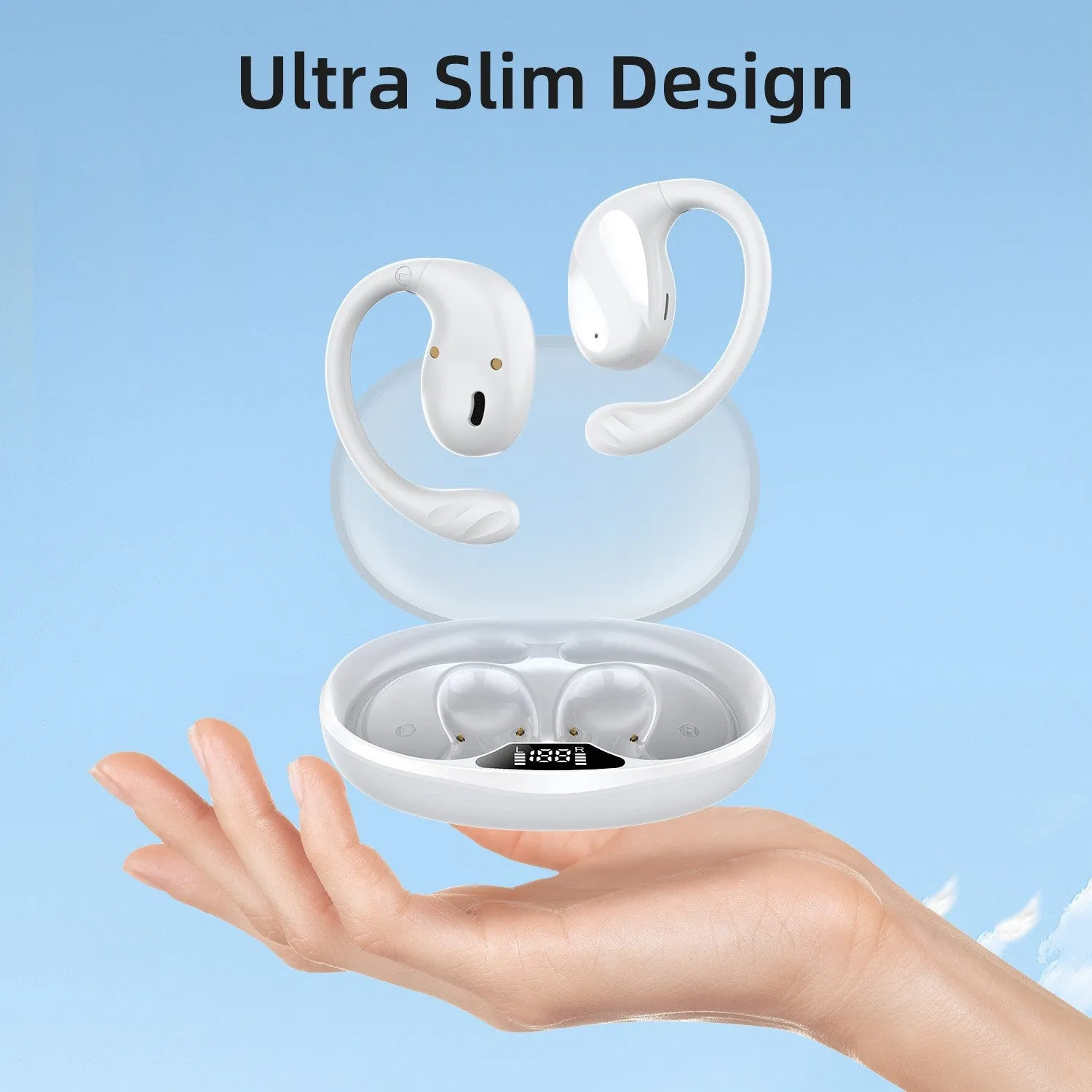 Wireless Bluetooth ear hook headset with digital display, ABS body, white colour, simple design