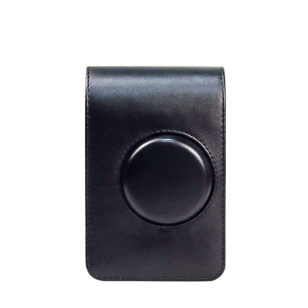 Retro camera storage case with curved shoulder strap in solid colour options including black skin feeling material
