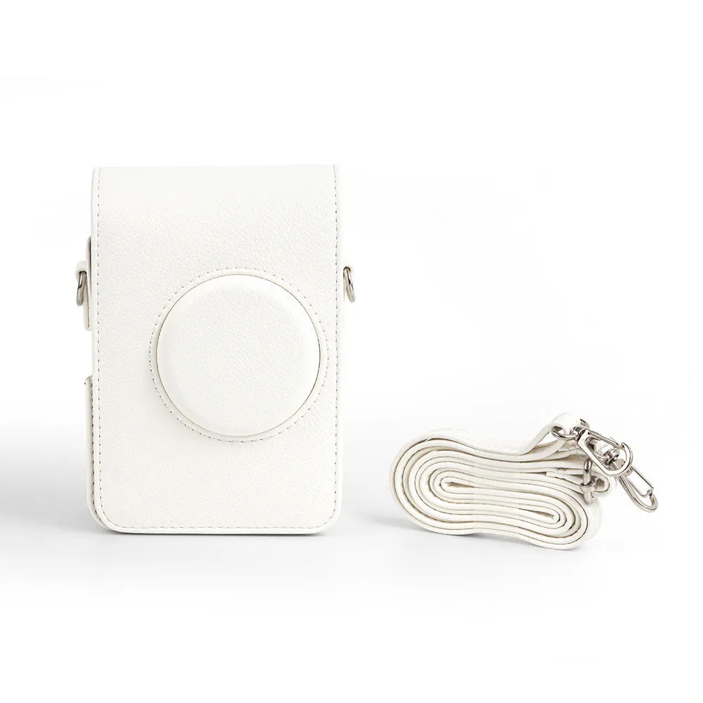 Retro camera storage case with curved shoulder strap in solid colour options including black skin feeling material