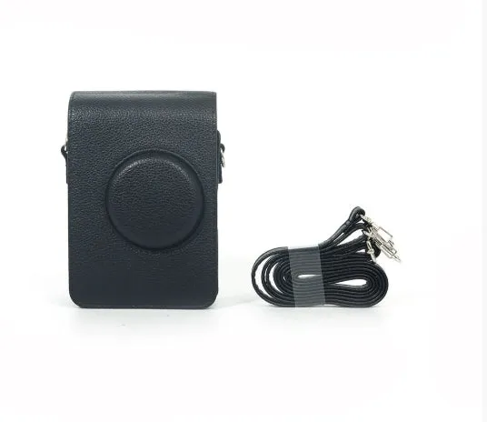 Retro camera storage case with curved shoulder strap in solid colour options including black skin feeling material