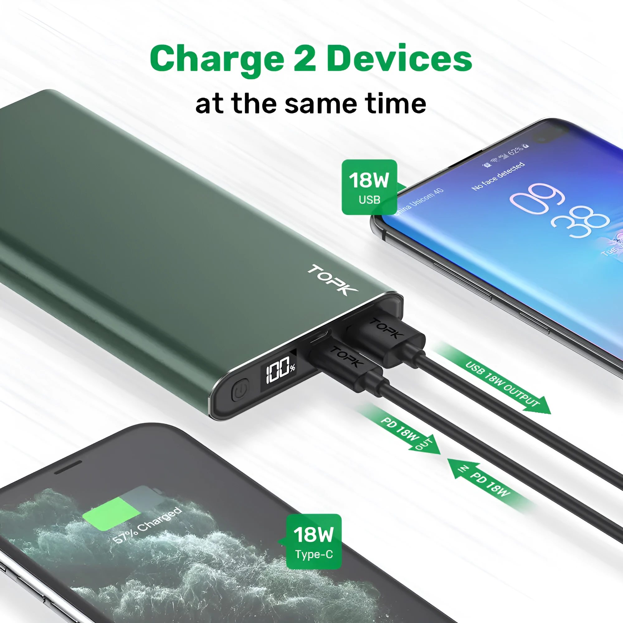 Silver 10,000mAh full metal shell fast charging power bank with digital display