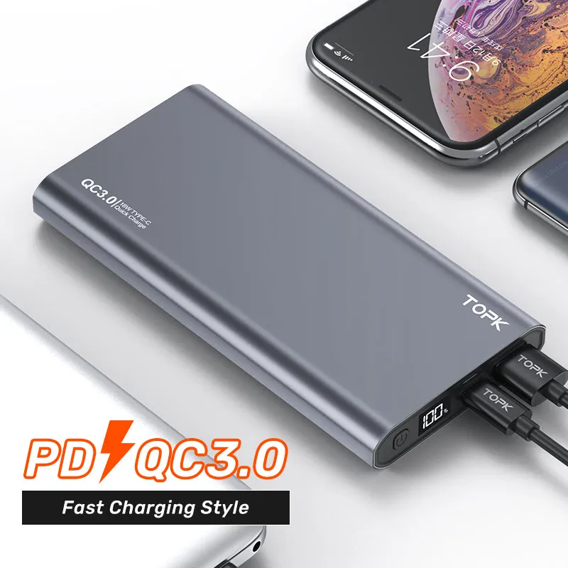 Silver 10,000mAh full metal shell fast charging power bank with digital display