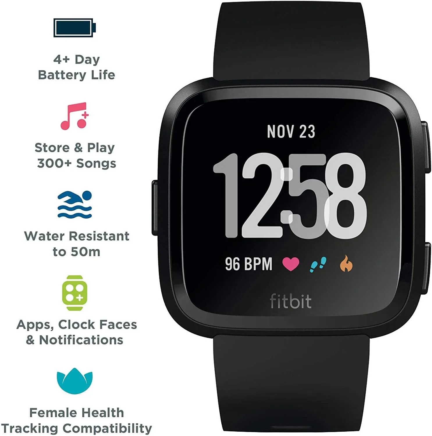 Black smart watch with heart rate monitoring on silicone wristband showing 1.4-inch screen
