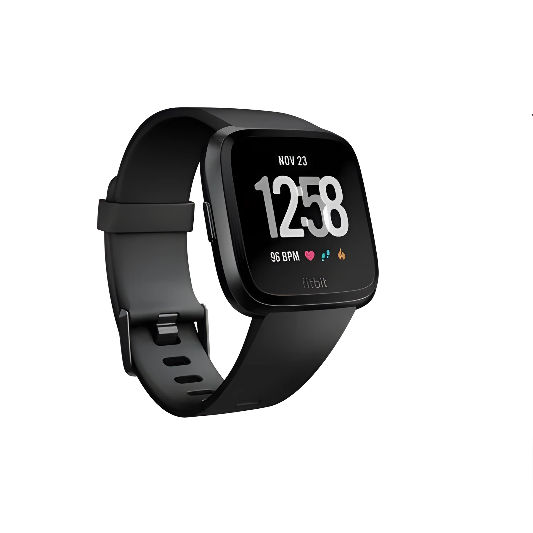 Black smart watch with heart rate monitoring on silicone wristband showing 1.4-inch screen