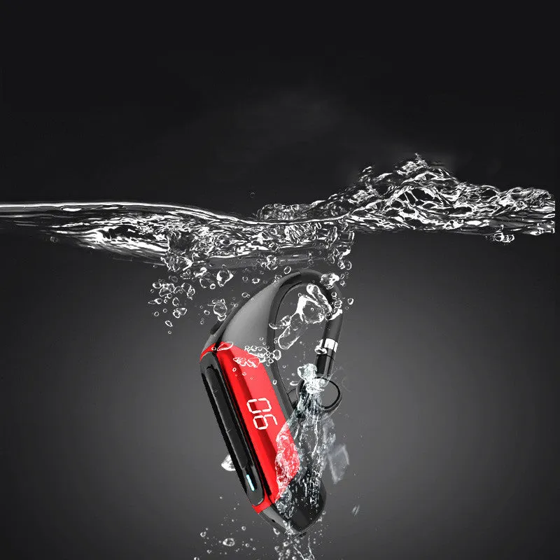 Bluetooth 5.1 wireless earphones in Chinese red with ear-hook design and power display