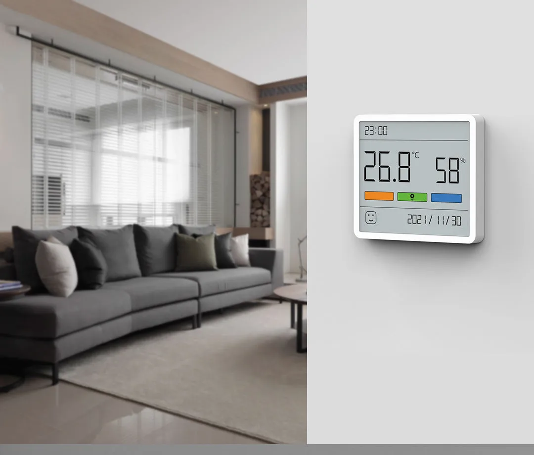 Mini digital clock hygrometer with ABS body and PMMA screen, showing temperature and humidity on a white background