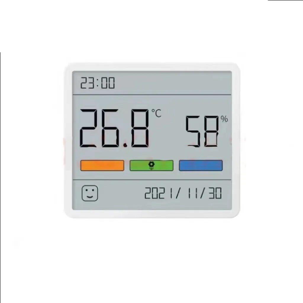 Mini digital clock hygrometer with ABS body and PMMA screen, showing temperature and humidity on a white background