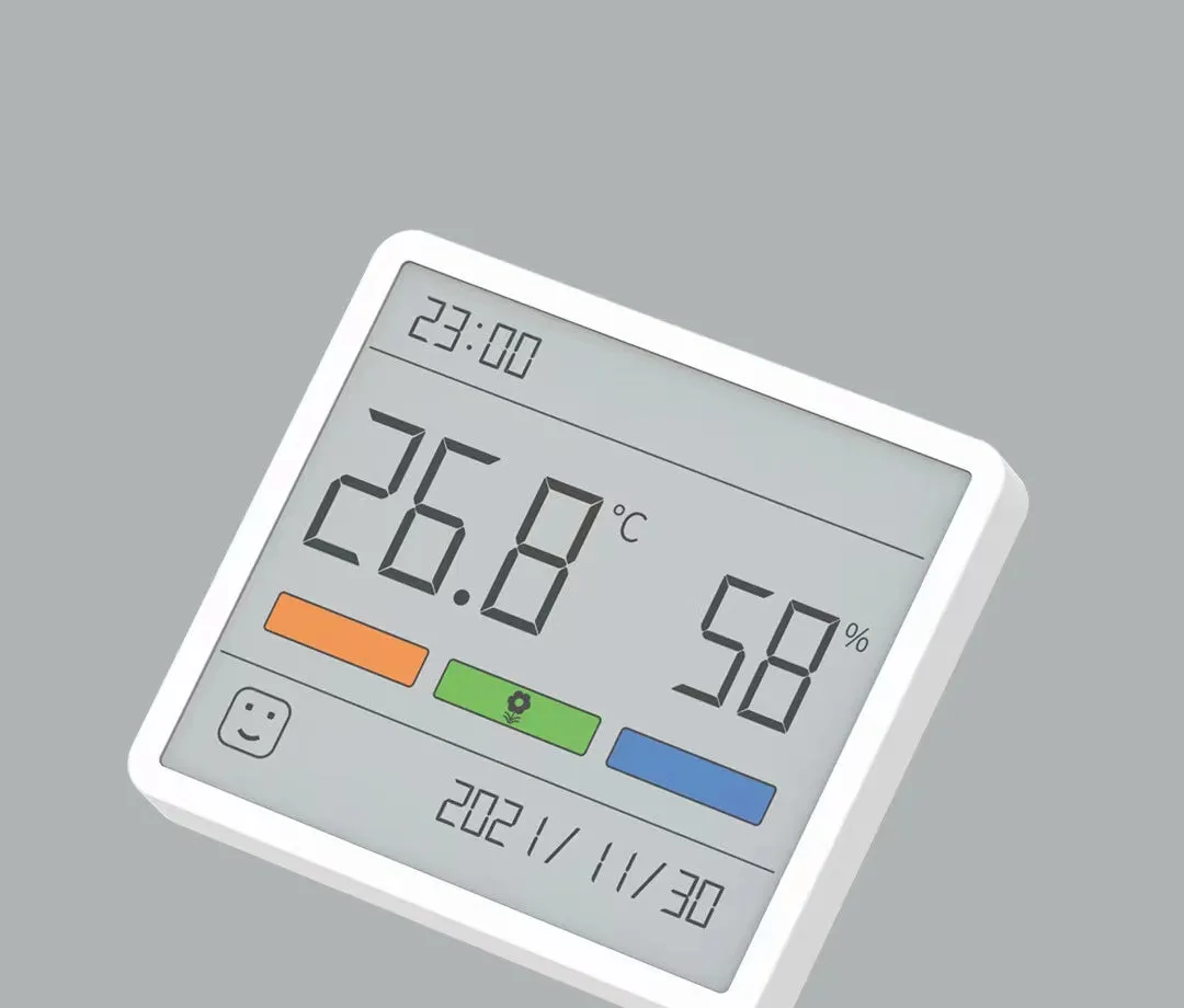 Mini digital clock hygrometer with ABS body and PMMA screen, showing temperature and humidity on a white background