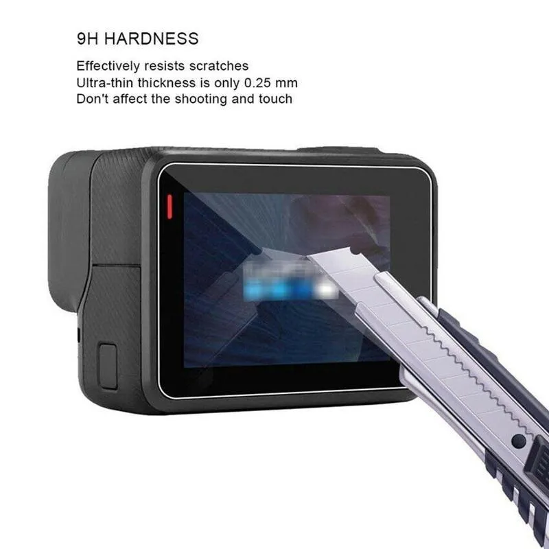 Transparent tempered glass screen and lens protector kit for GoPro Hero 5, 6, and 7 cameras.