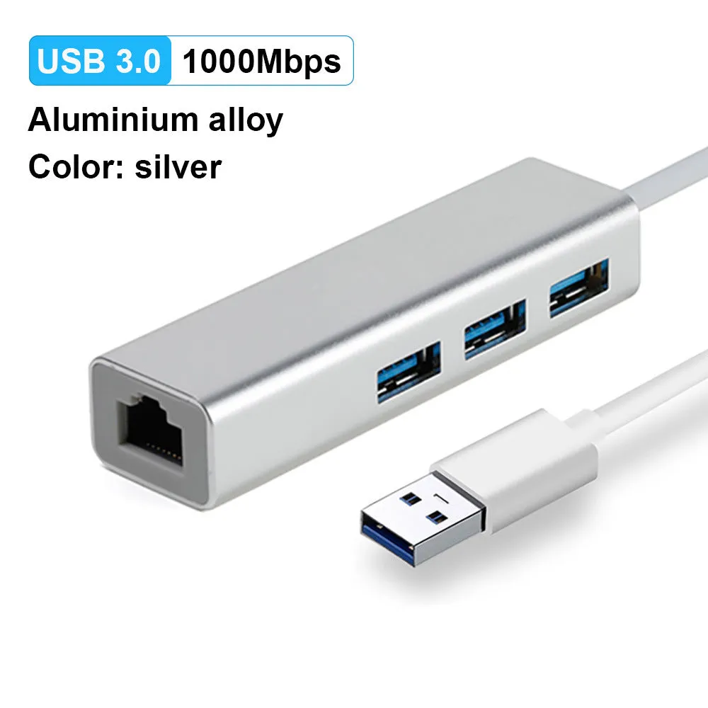 USB to Ethernet adapter with 3-port USB hub and RJ-45 LAN port in grey plastic casing