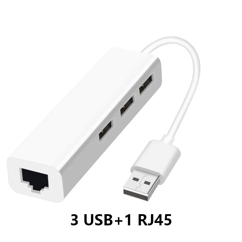 USB to Ethernet adapter with 3-port USB hub and RJ-45 LAN port in grey plastic casing