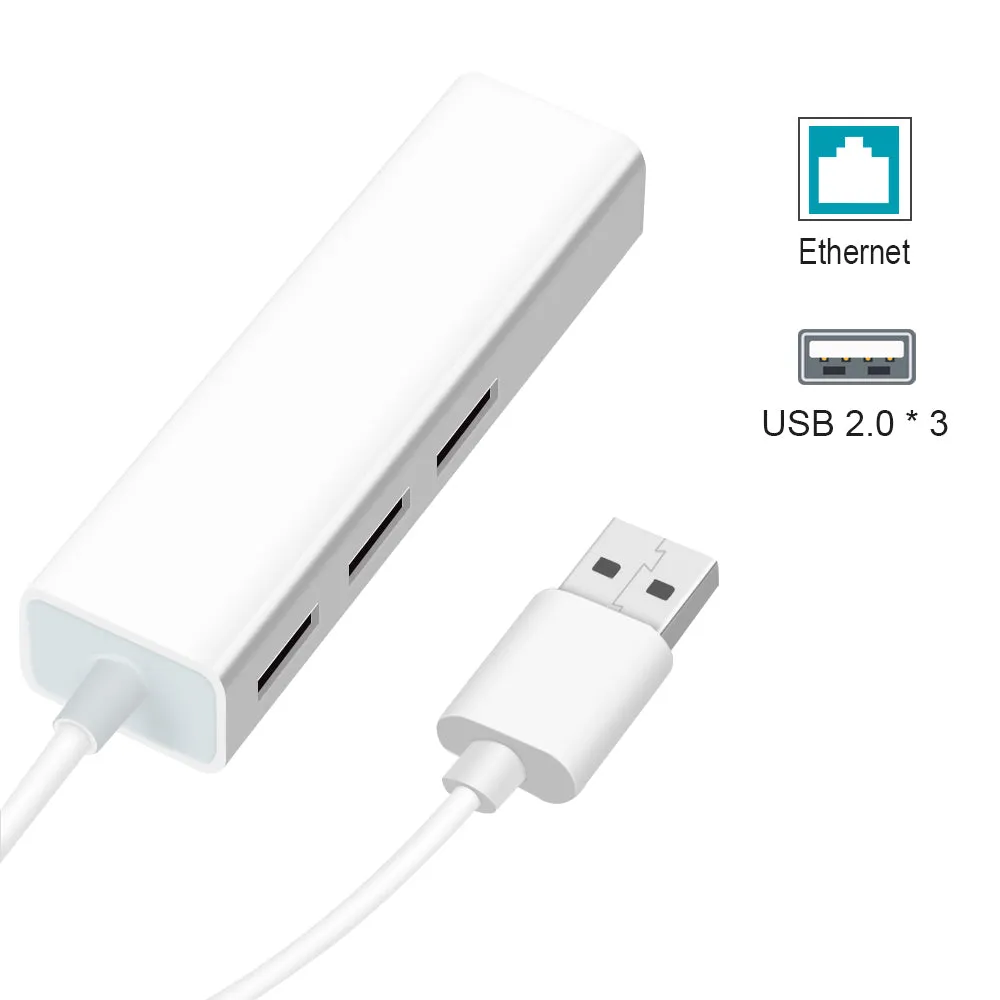 USB to Ethernet adapter with 3-port USB hub and RJ-45 LAN port in grey plastic casing