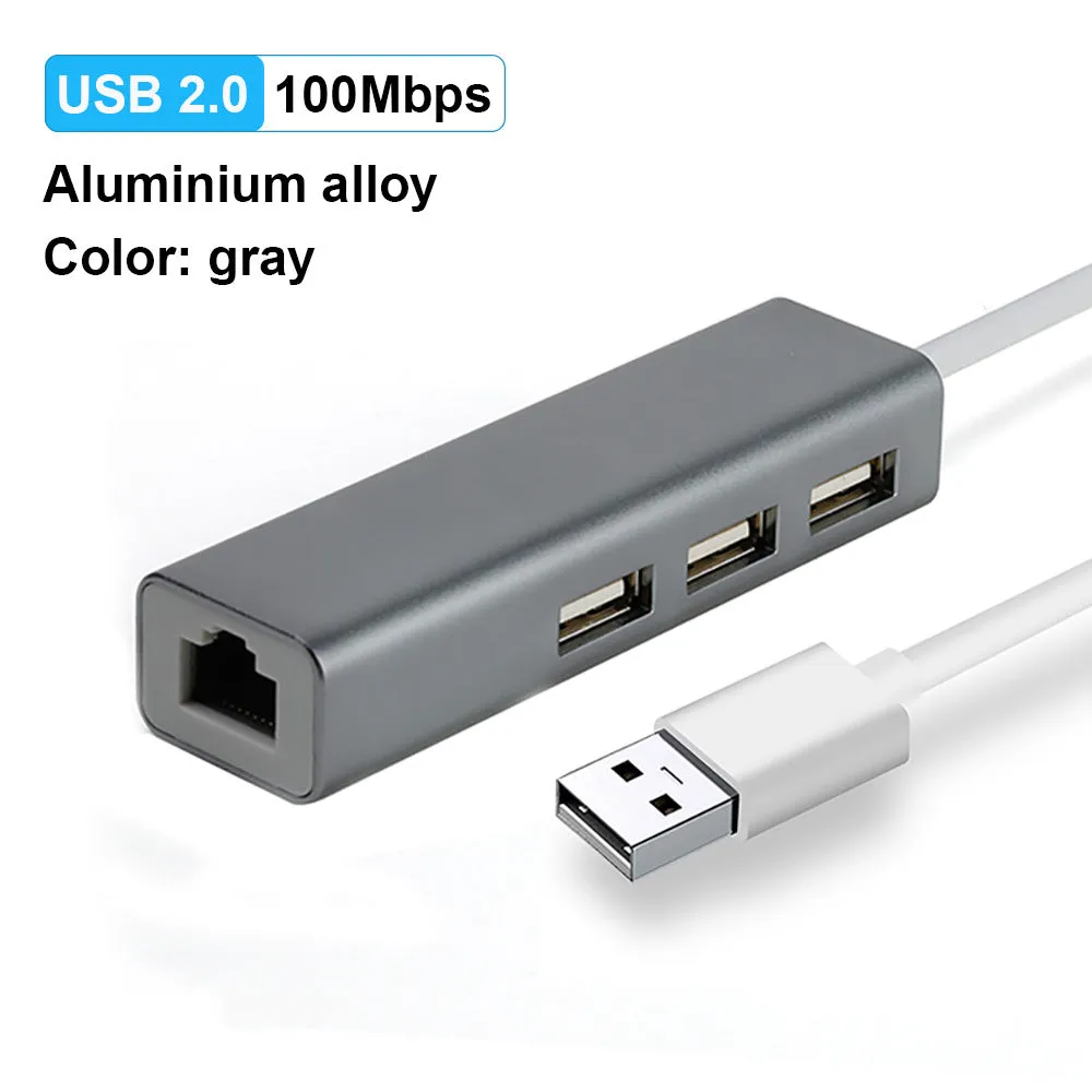 USB to Ethernet adapter with 3-port USB hub and RJ-45 LAN port in grey plastic casing
