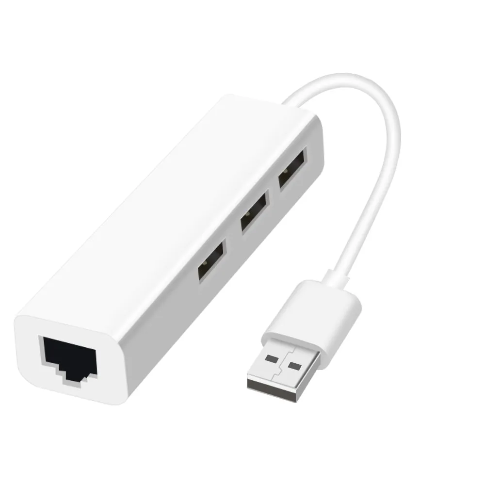 USB to Ethernet adapter with 3-port USB hub and RJ-45 LAN port in grey plastic casing