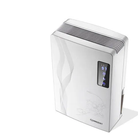 White compact household dehumidifier with a 2.2 litre water tank and electronic control panel.