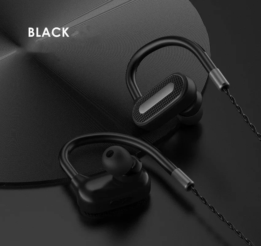 Wireless Bluetooth 4.0 ear-hanging headset in black, gold, and white with button controls