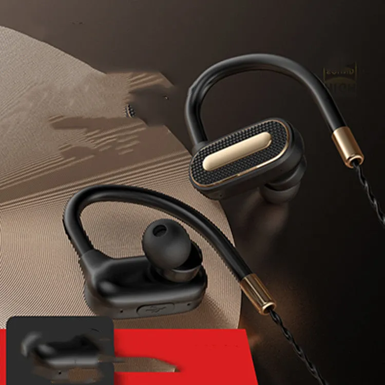 Wireless Bluetooth 4.0 ear-hanging headset in black, gold, and white with button controls