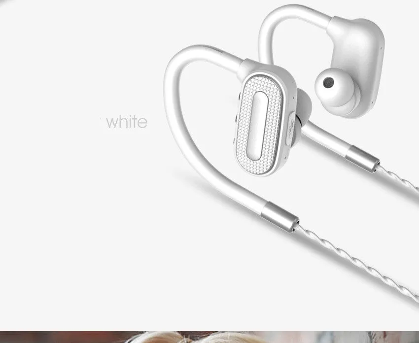 Wireless Bluetooth 4.0 ear-hanging headset in black, gold, and white with button controls