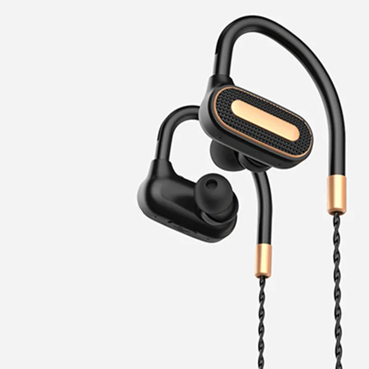 Wireless Bluetooth 4.0 ear-hanging headset in black, gold, and white with button controls