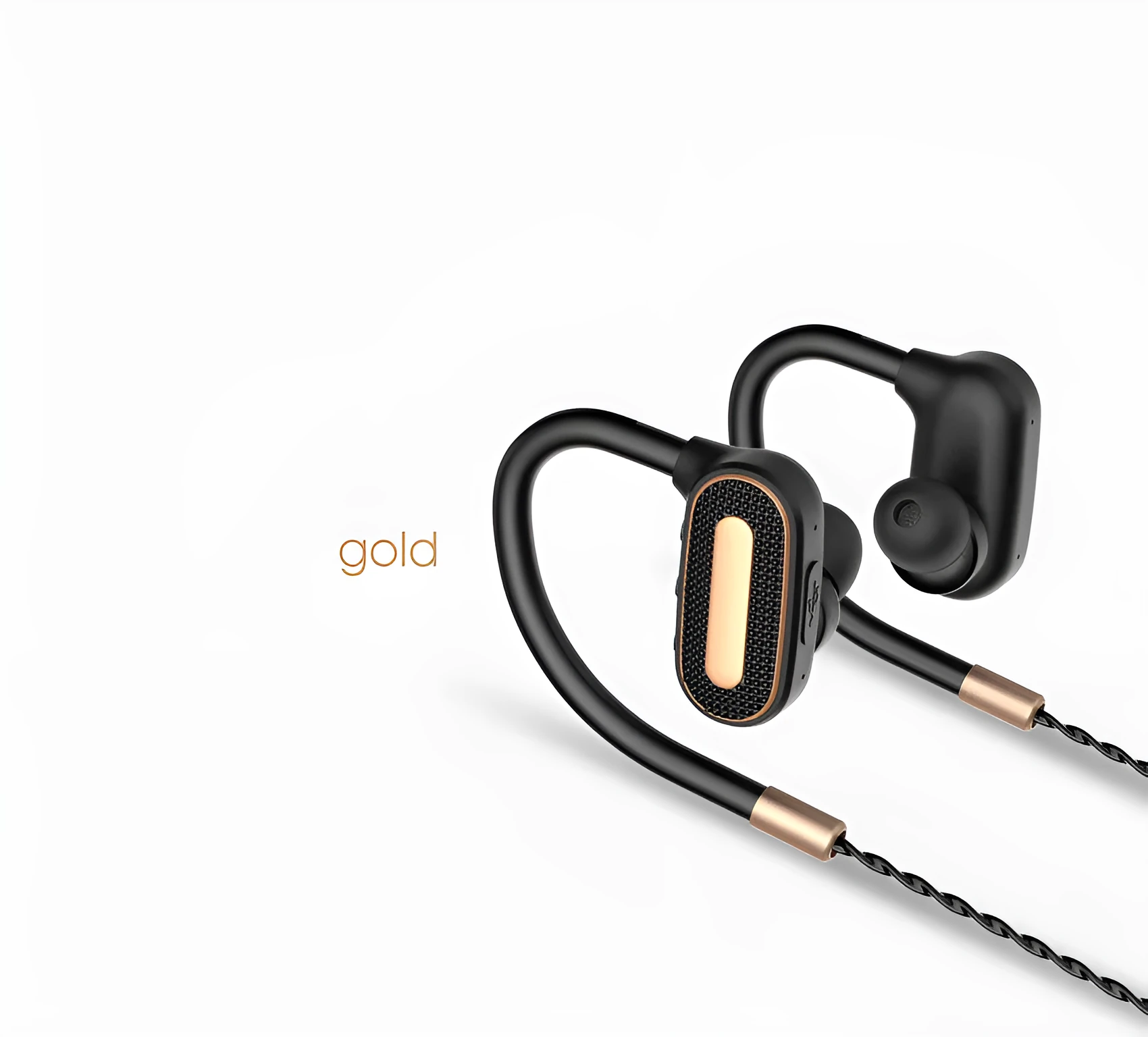 Wireless Bluetooth 4.0 ear-hanging headset in black, gold, and white with button controls