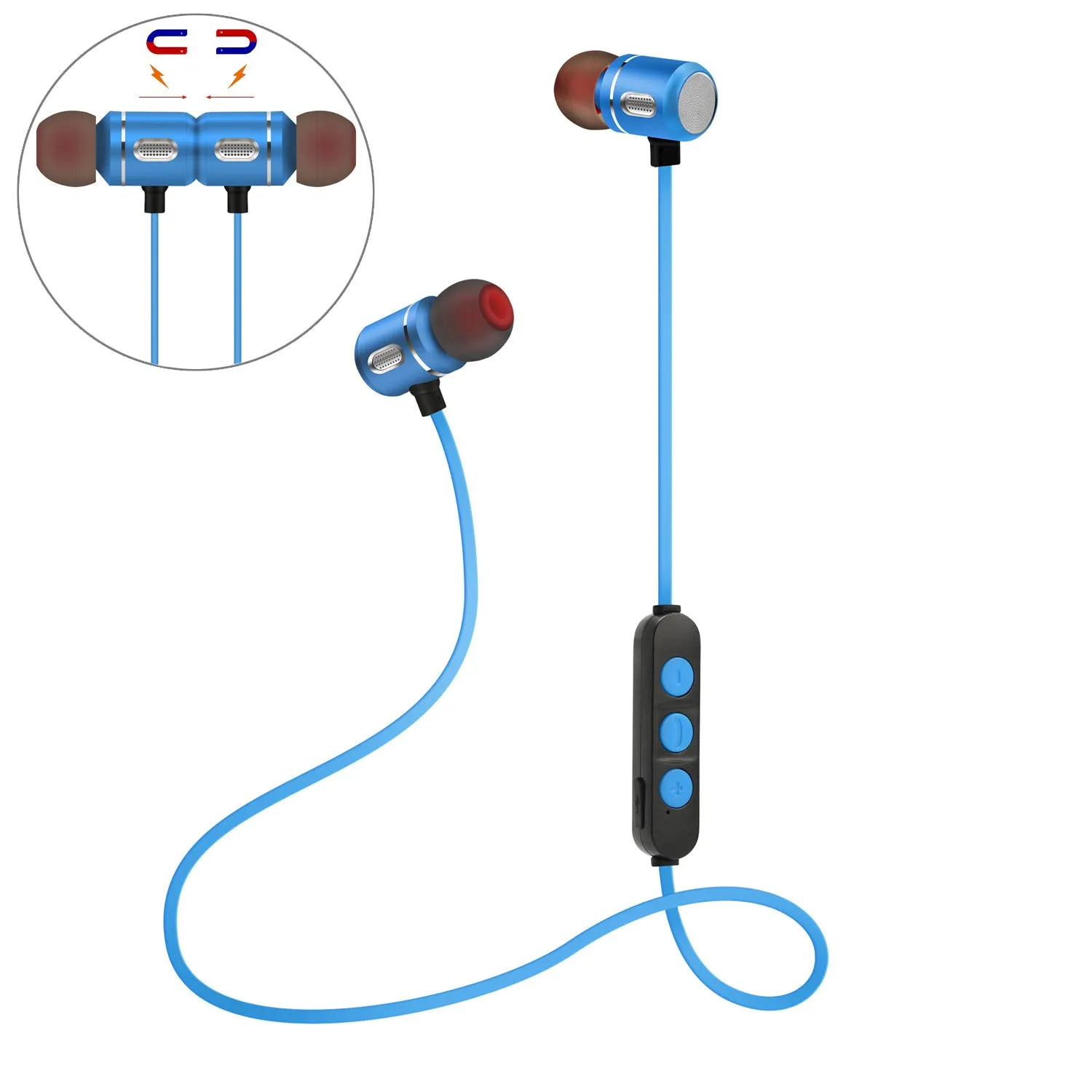 AX-09 Magnetic Sports Bluetooth Headset in blue with charging cable and ear caps
