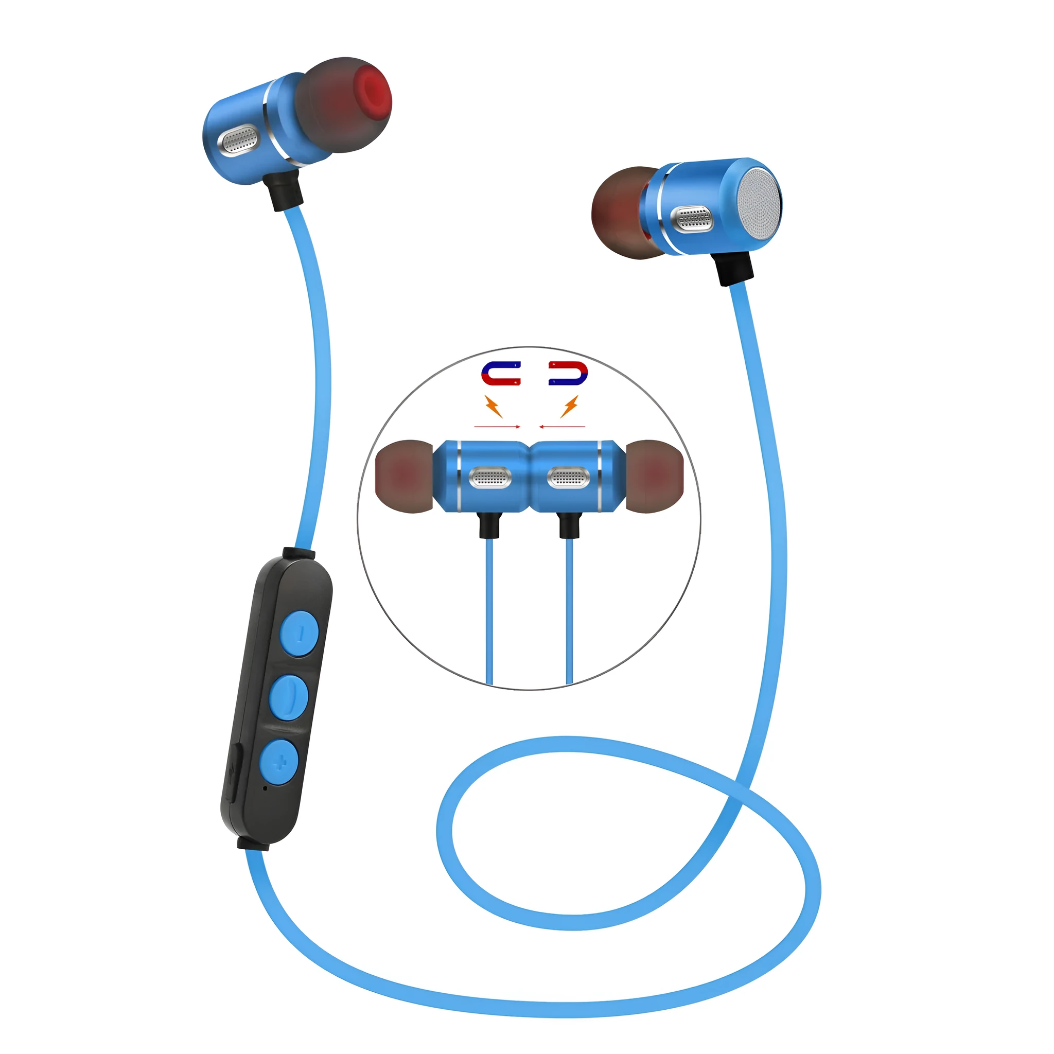 AX-09 Magnetic Sports Bluetooth Headset in blue with charging cable and ear caps