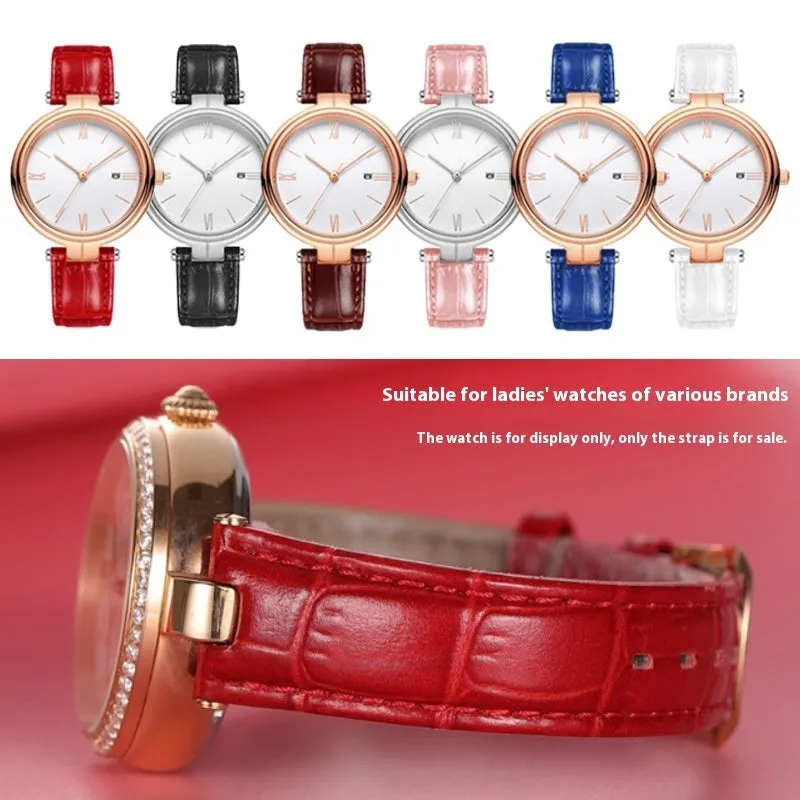 Genuine leather women's watch strap with steel pin buckle in black, pink, red, sapphire blue, or white