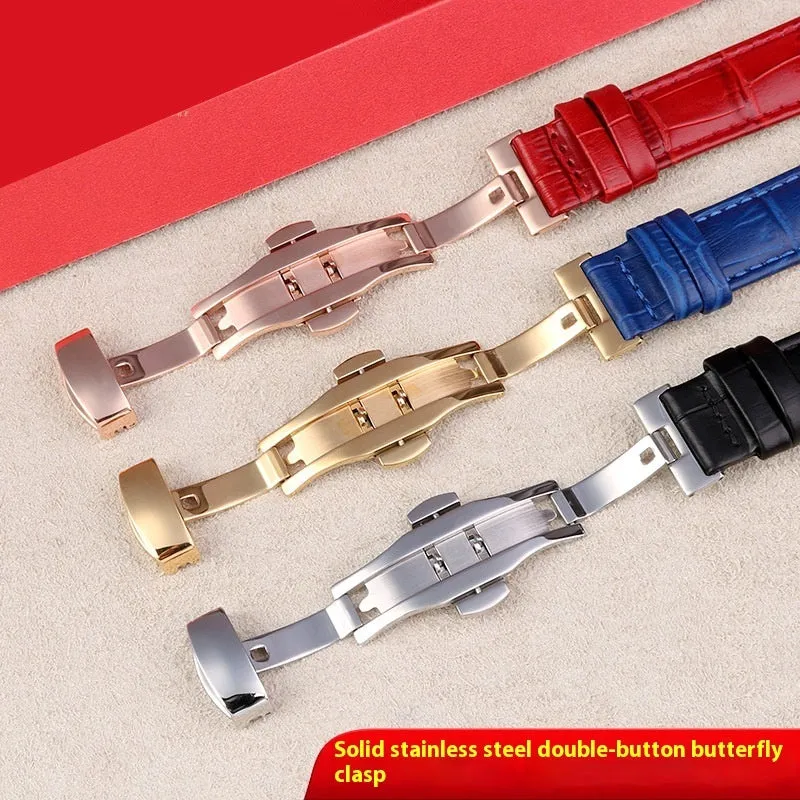 Genuine leather women's watch strap with steel pin buckle in black, pink, red, sapphire blue, or white