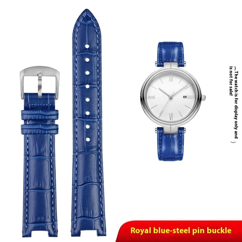 Genuine leather women's watch strap with steel pin buckle in black, pink, red, sapphire blue, or white