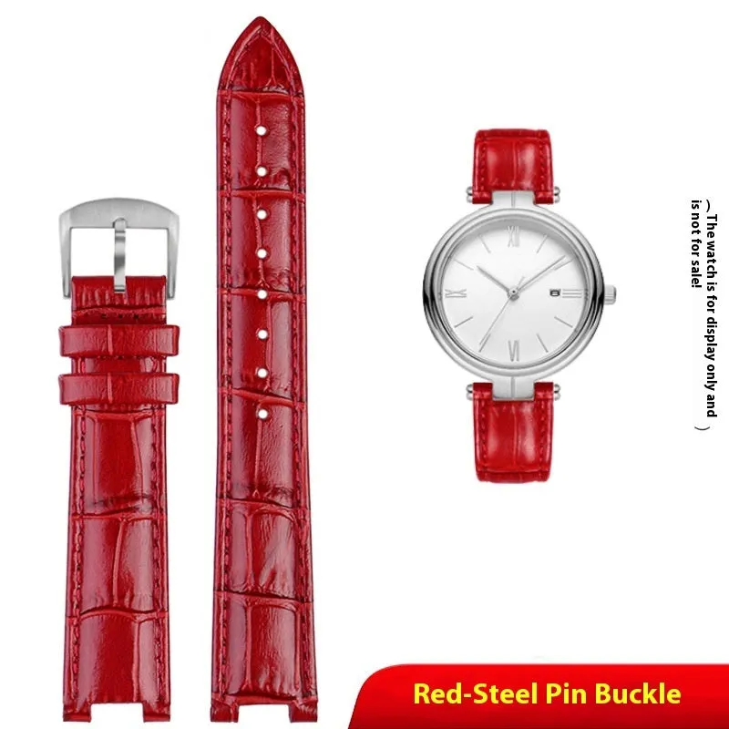 Genuine leather women's watch strap with steel pin buckle in black, pink, red, sapphire blue, or white