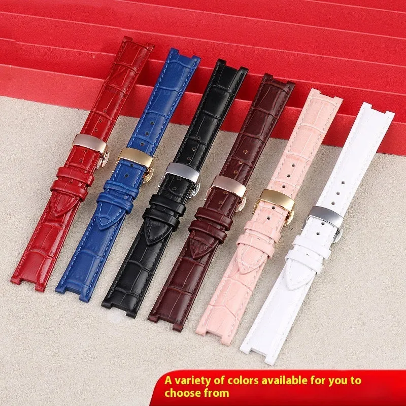 Genuine leather women's watch strap with steel pin buckle in black, pink, red, sapphire blue, or white