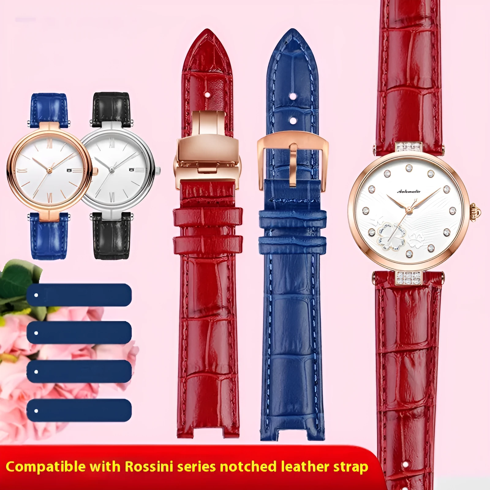 Genuine leather women's watch strap with steel pin buckle in black, pink, red, sapphire blue, or white