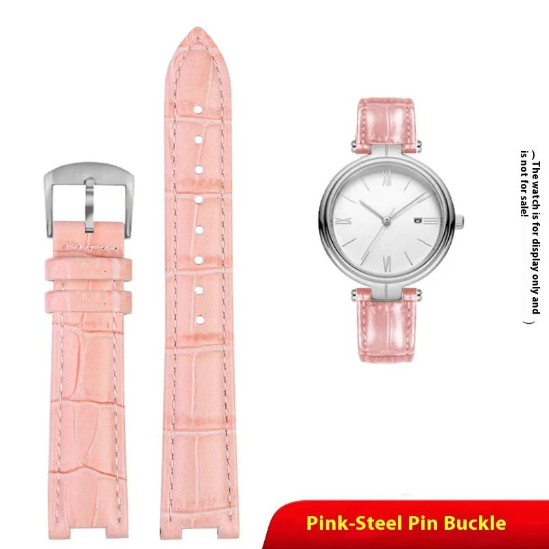 Genuine leather women's watch strap with steel pin buckle in black, pink, red, sapphire blue, or white