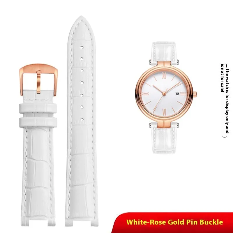 Genuine leather women's watch strap with steel pin buckle in black, pink, red, sapphire blue, or white