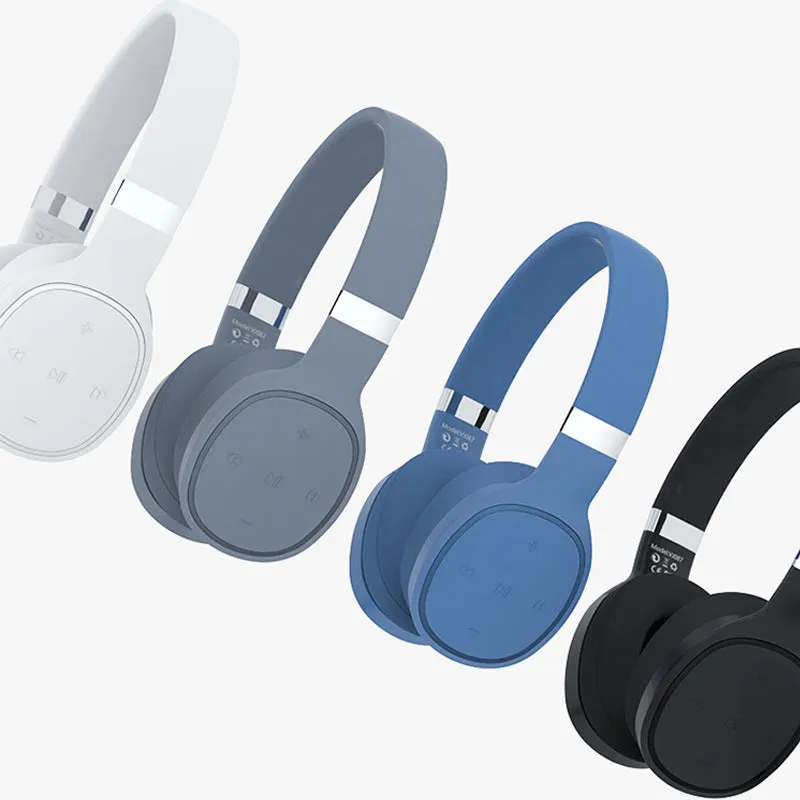Folding wireless Bluetooth sports headset shown in black, white, blue, or grey colour options.