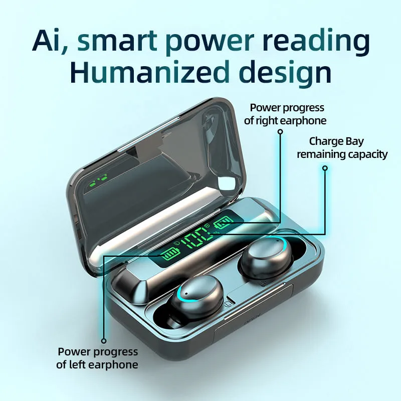 Black in-ear wireless Bluetooth earbuds in a charging case with LED battery display