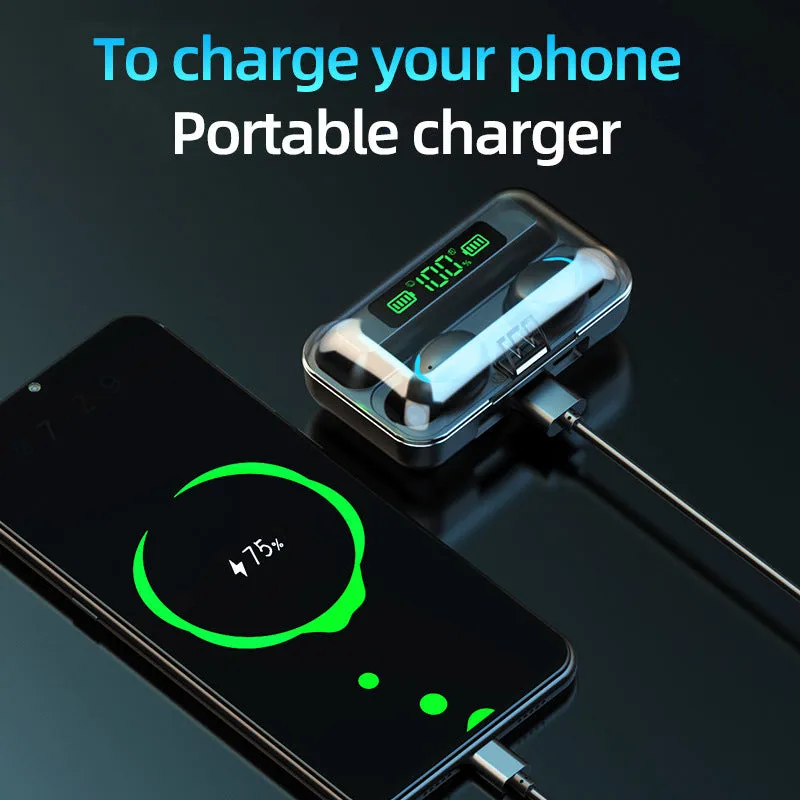 Black in-ear wireless Bluetooth earbuds in a charging case with LED battery display