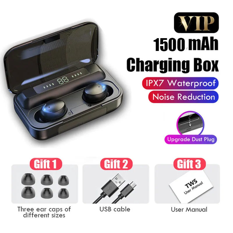 Black in-ear wireless Bluetooth earbuds in a charging case with LED battery display