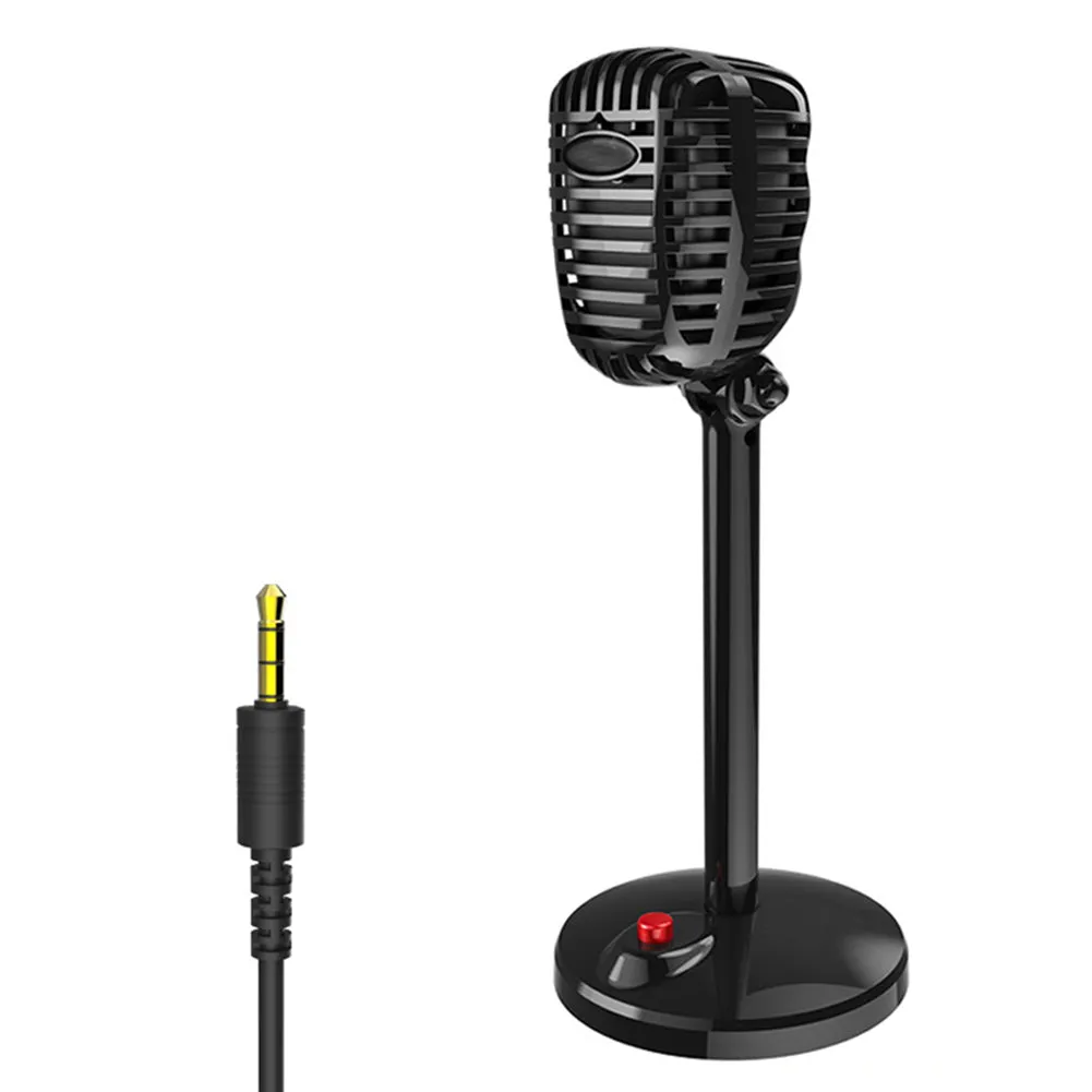 Mini retro black karaoke microphone with weighted base and 1.8m cable for desktop use