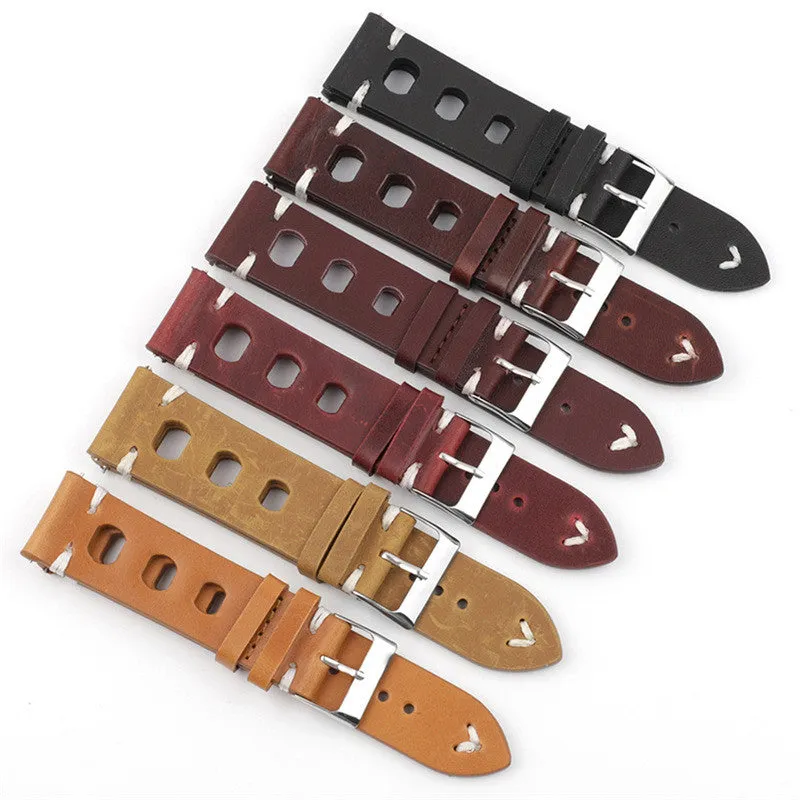 Genuine cowhide leather watch strap with stainless steel pin buckle, available in 18mm to 26mm widths and six colours