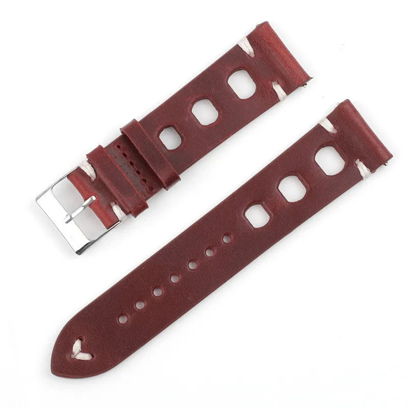 Genuine cowhide leather watch strap with stainless steel pin buckle, available in 18mm to 26mm widths and six colours