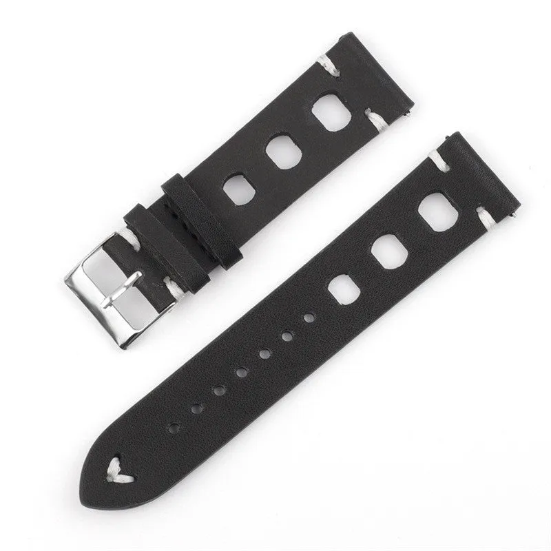 Genuine cowhide leather watch strap with stainless steel pin buckle, available in 18mm to 26mm widths and six colours