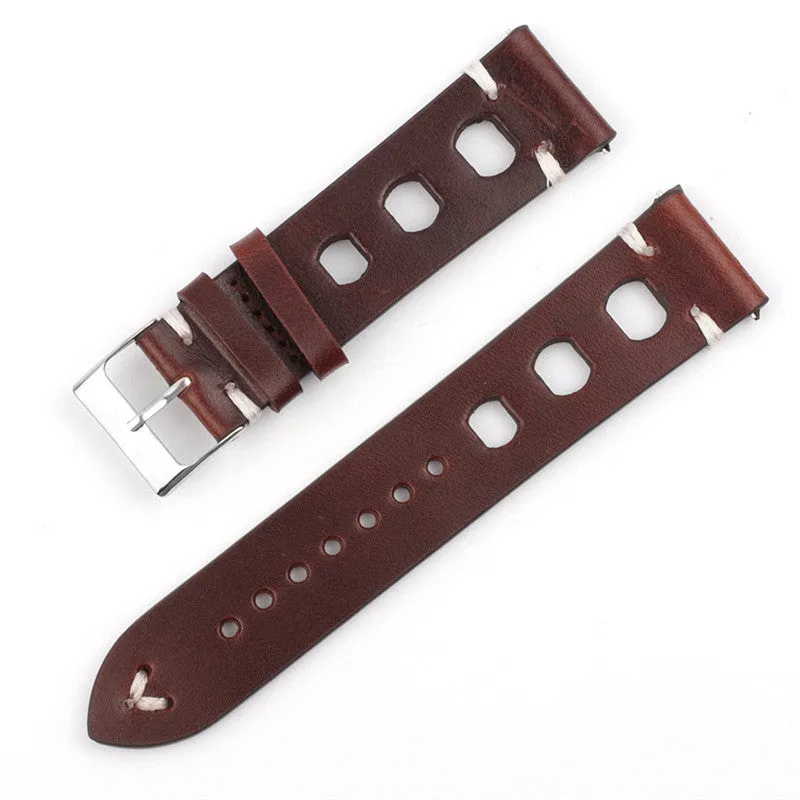 Genuine cowhide leather watch strap with stainless steel pin buckle, available in 18mm to 26mm widths and six colours