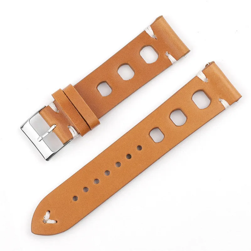 Genuine cowhide leather watch strap with stainless steel pin buckle, available in 18mm to 26mm widths and six colours